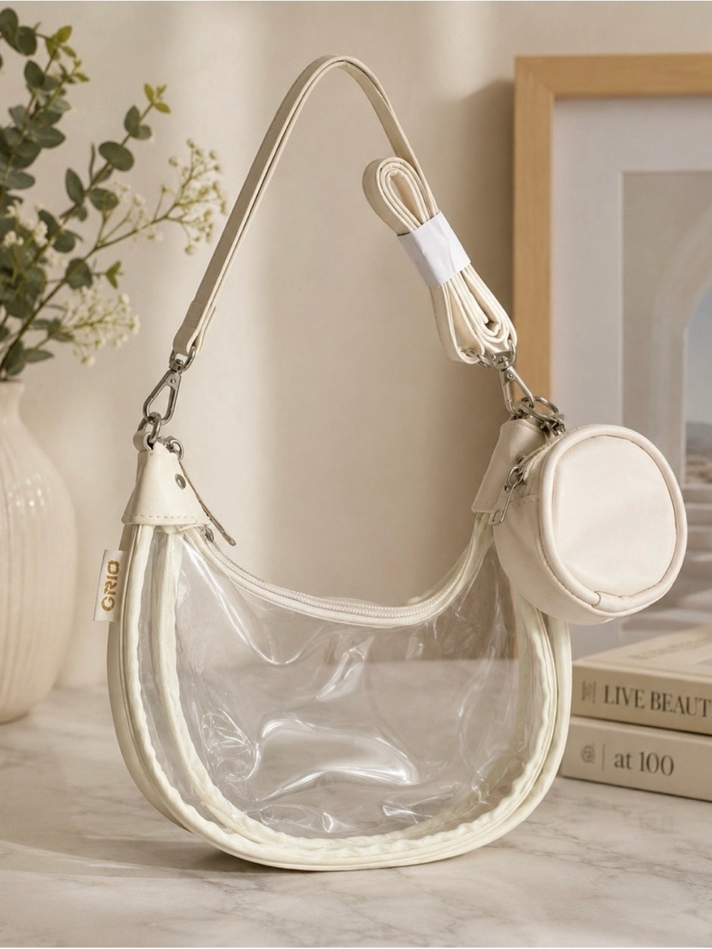 GRIO Clear Stadium Bag Crossbody Purse White w/ Coin Pouch NEW